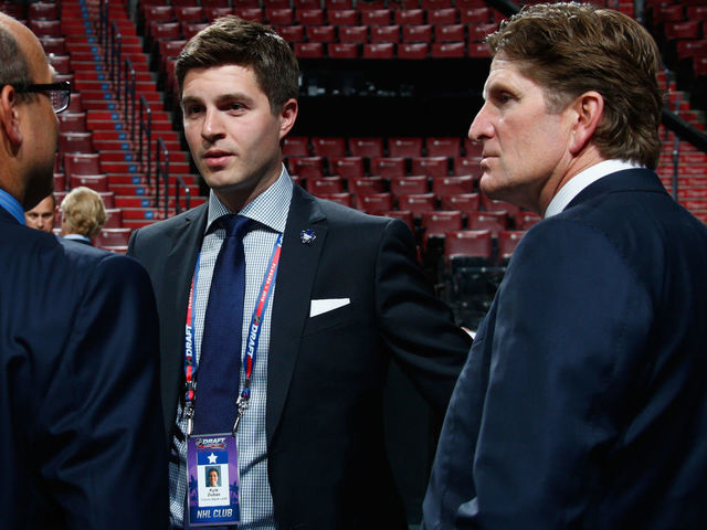SUNRISE, FL - JUNE 26: Kyle Dubas and Mike Babcock of the Toronto Maple Leafs attend the 2015 NHL Draft at BB&T Center on June 26, 2015 in Sunrise, Florida.