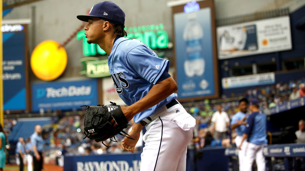 ST. PETERSBURG, FL - MAY 21: Pitcher Chris Archer #22 of the Tampa Bay Rays takes to the field at the start of the first inning of a game against the New York Yankees on May 21, 2017 at Tropicana Field in St. Petersburg, Florida.