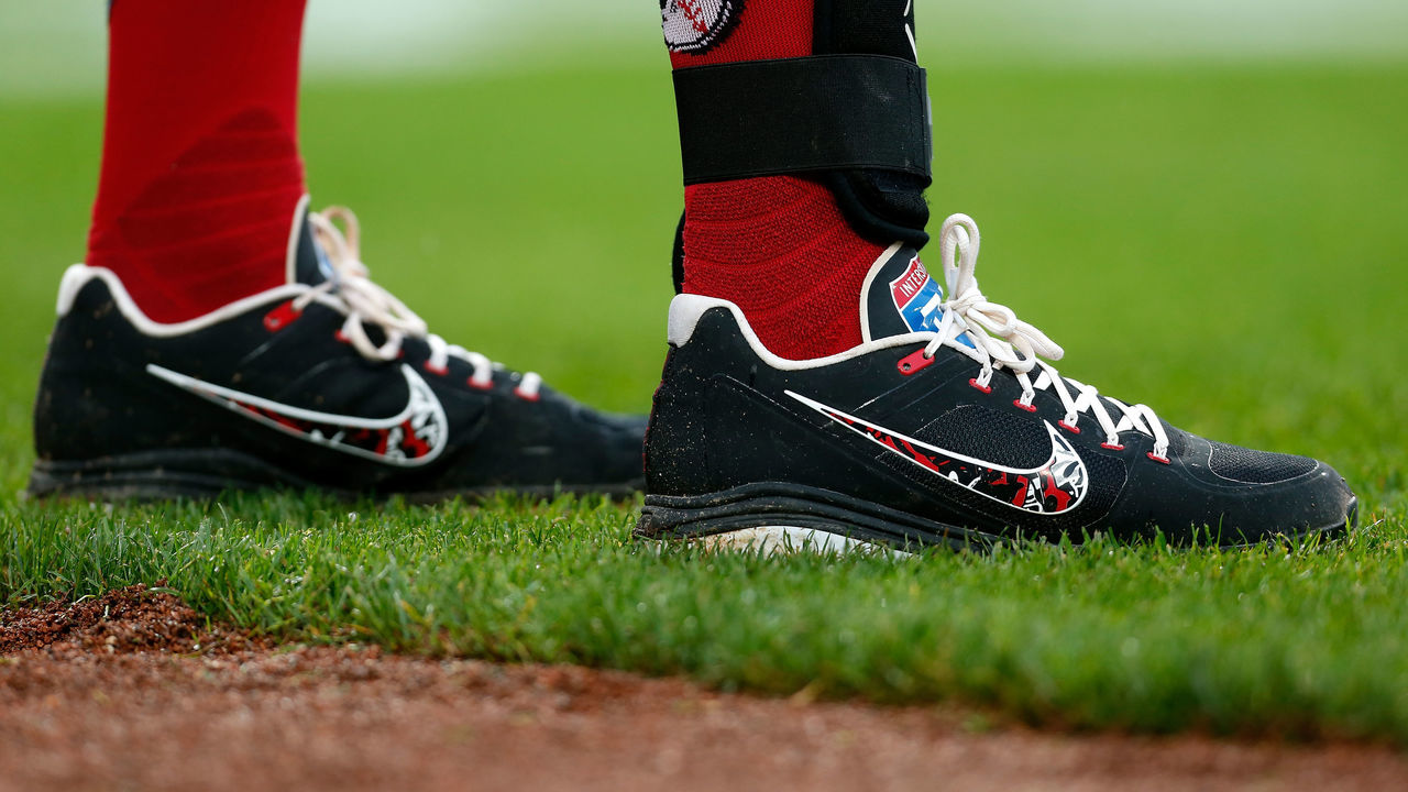 CINCINNATI, OH - MAY 5: A detail of the Nike shoes worn by Joey Votto #19 of the Cincinnati Reds during the game against the Miami Marlins at Great American Ball Park on May 5, 2018 in Cincinnati, Ohio. *** Local Caption *** Joey Votto
