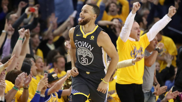OAKLAND, CA - MAY 01: Stephen Curry #30 of the Golden State Warriors reacts after making a three-point basket against the New Orleans Pelicans during Game Two of the Western Conference Semifinals during the 2018 NBA Playoffs at ORACLE Arena on May 1, 2018 in Oakland, California. The basket was his first attempt after returning from an injury.