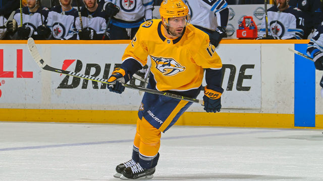 NASHVILLE, TN - MARCH 13: Mike Fisher #12 of the Nashville Predators skates against the Winnipeg Jets during the second period at Bridgestone Arena on March 13, 2018 in Nashville, Tennessee.
