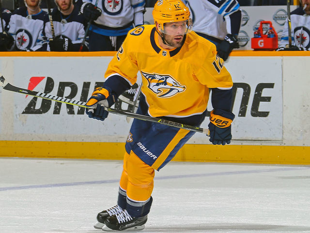 NASHVILLE, TN - MARCH 13: Mike Fisher #12 of the Nashville Predators skates against the Winnipeg Jets during the second period at Bridgestone Arena on March 13, 2018 in Nashville, Tennessee.