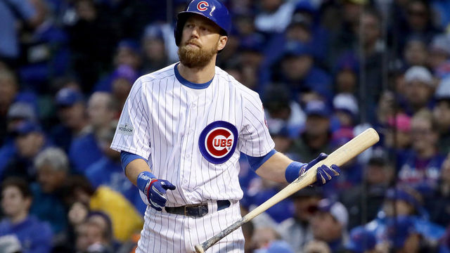 CHICAGO, IL - OCTOBER 11: Ben Zobrist #18 of the Chicago Cubs reacts after striking out in the fourth inning during game four of the National League Division Series against the Washington Nationals at Wrigley Field on October 11, 2017 in Chicago, Illinois.