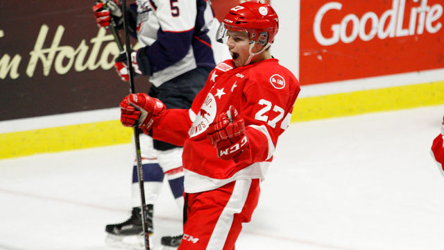 WINDSOR, ON - OCTOBER 05: Forward Barrett Hayton #27 of the Sault Ste. Marie Greyhounds celebrates his first period goal against the Windsor Spitfires on October 5, 2017 at the WFCU Centre in Windsor, Ontario, Canada.