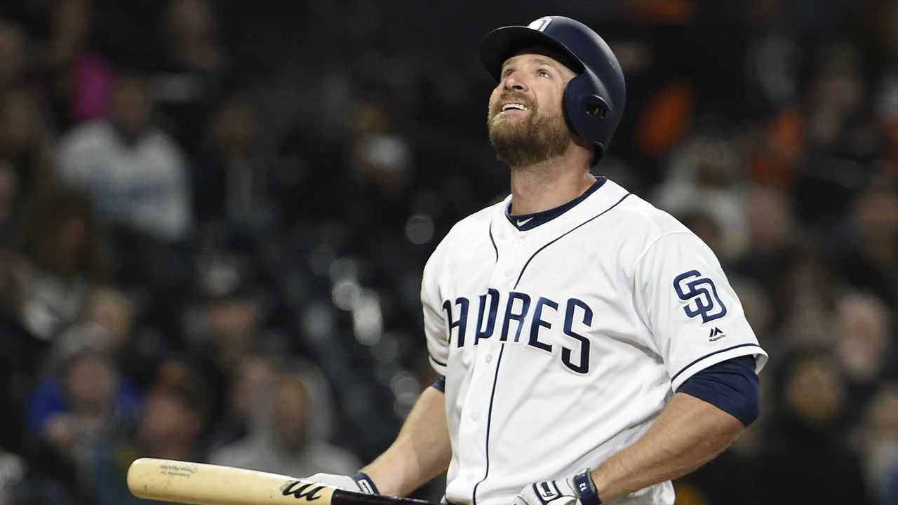 SAN DIEGO, CA - APRIL 4: Chase Headley #12 of the San Diego Padres looks up after taking a strike during the eighth inning of a baseball game against the Colorado Rockies at PETCO Park on April 4, 2018 in San Diego, California.