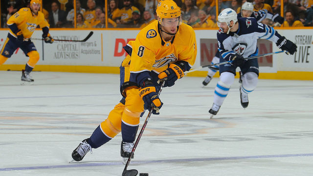 NASHVILLE, TN - MARCH 13: Kyle Turris #8 of the Nashville Predators skates against the Winnipeg Jets during the third period of a 3-1 Predators victory at Bridgestone Arena on March 13, 2018 in Nashville, Tennessee.