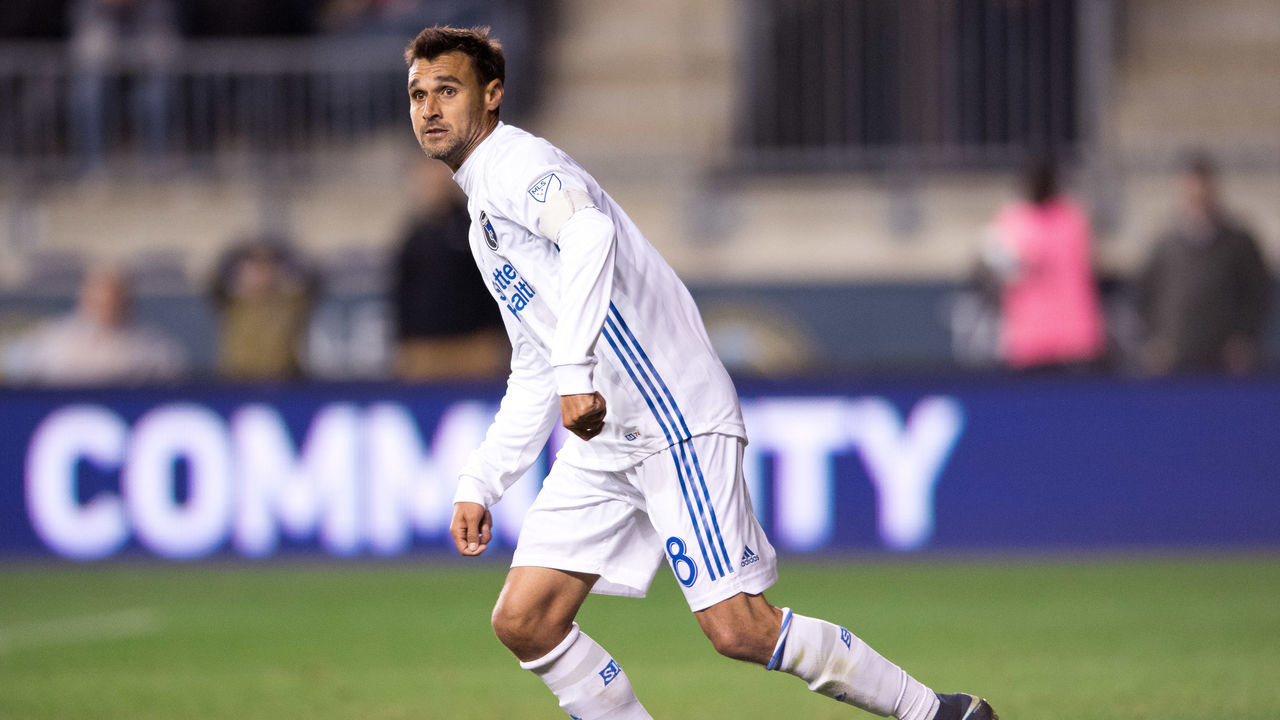 CHESTER, PA - APRIL 07: Earthquakes Forward Chris Wondolowski (8) carries the ball in the second half during the game between the San Jose Earthquakes and Philadelphia Union on April 07, 2018 at Talen Energy Stadium in Chester, PA.
