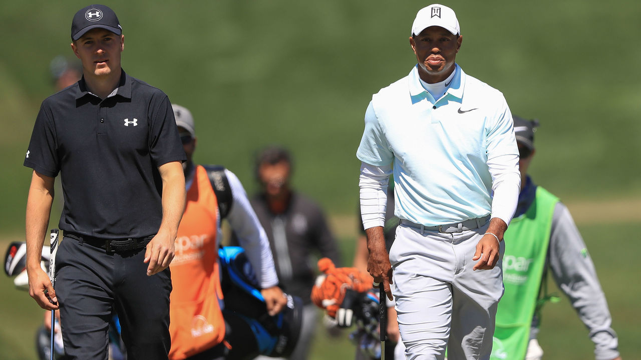 PALM HARBOR, FL - MARCH 09: Tiger Woods and Jordan Spieth walks up to the eighth green during the second round of the Valspar Championship at Innisbrook Resort Copperhead Course on March 9, 2018 in Palm Harbor, Florida.