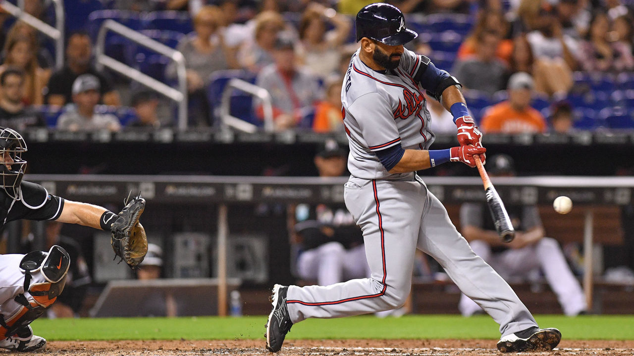 MIAMI, FL - MAY 12: Jose Bautista #23 of the Atlanta Braves at bat in the fourth inning against the Miami Marlins at Marlins Park on May 12, 2018 in Miami, Florida.