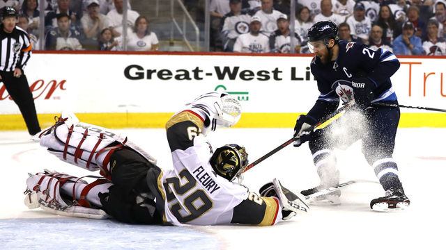WINNIPEG, MB - MAY 12: Marc-Andre Fleury #29 of the Vegas Golden Knights tends to net as Blake Wheeler #26 of the Winnipeg Jets shoots the puck wide during the second period in Game One of the Western Conference Finals during the 2018 NHL Stanley Cup Playoffs at Bell MTS Place on May 12, 2018 in Winnipeg, Canada.