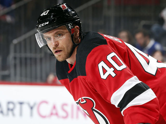 NEWARK, NJ - MARCH 24: Michael Grabner #40 of the New Jersey Devils in action against the Tampa Bay Lightning during the first period at the Prudential Center on March 24, 2018 in Newark, New Jersey.