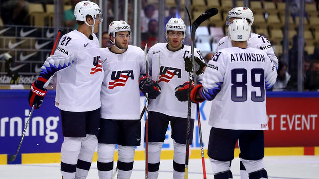 HERNING, DENMARK - MAY 13: Patrick Kane #88 of United States celebrate with his team mates after hescores the opening goal during the 2018 IIHF Ice Hockey World Championship Group B game between Norway and United States at Jyske Bank Boxen on May 13, 2018 in Herning, Denmark.