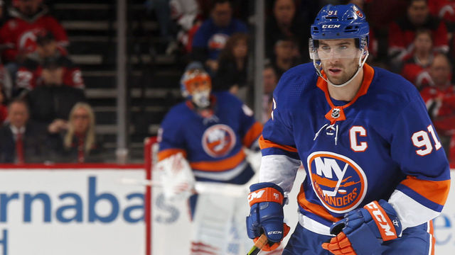 NEWARK, NJ - FEBRUARY 24: John Tavares #91 of the New York Islanders in action against the New Jersey Devils during the third period at the Prudential Center on February 24, 2018 in Newark, New Jersey. The Devils won 2-1.