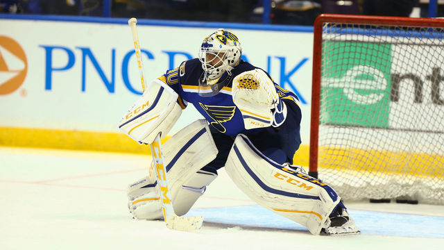 ST. LOUIS, MO - OCTOBER 13: Carter Hutton #40 of the St. Louis Blues skates during warm ups prior to a game against the Minnesota Wild on October 13, 2016 in St. Louis, Missouri.
