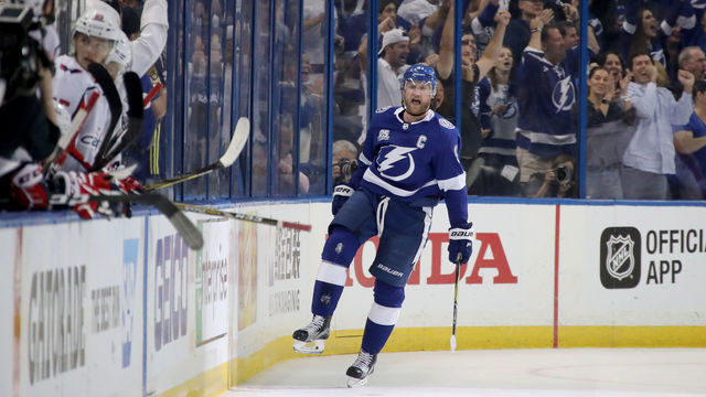 TAMPA, FL - MAY 13: Steven Stamkos #91 of the Tampa Bay Lightning celebrates after scoring a goal on Braden Holtby #70 of the Washington Capitals during the first period in Game Two of the Eastern Conference Finals during the 2018 NHL Stanley Cup Playoffs at Amalie Arena on May 13, 2018 in Tampa, Florida.