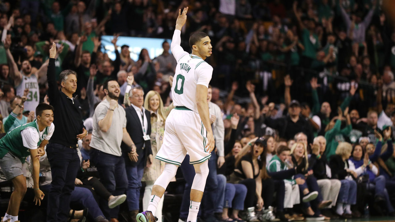 BOSTON, MA - MAY 13: Jayson Tatum #0 of the Boston Celtics celebrates the basket against the Cleveland Cavaliers during the fourth quarter in Game One of the Eastern Conference Finals of the 2018 NBA Playoffs at TD Garden on May 13, 2018 in Boston, Massachusetts. The Boston Celtics defeated the Cleveland Cavaliers 108-83.