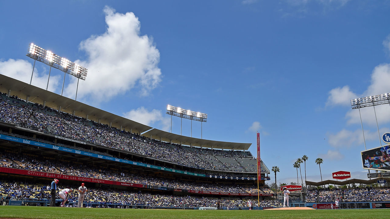 LOS ANGELES, CA - MAY 13: View of Dodger Stadium during the game between the Los Angeles Dodgers and the Cincinnati Reds on May 13, 2018 in Los Angeles, California.