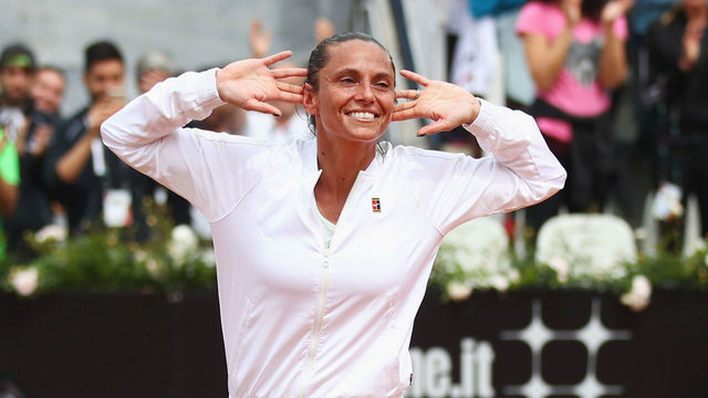 ROME, ITALY - MAY 14: Roberta Vinci of Italy reacts to the crowd after the Women's singles first round match against Aleksandra Krunic of Serbia on day two of the Internazionali BNL d'Italia 2018 at Foro Italico on May 14, 2018 in Rome, Italy. This was Roberta Vinci's final match before retirement.