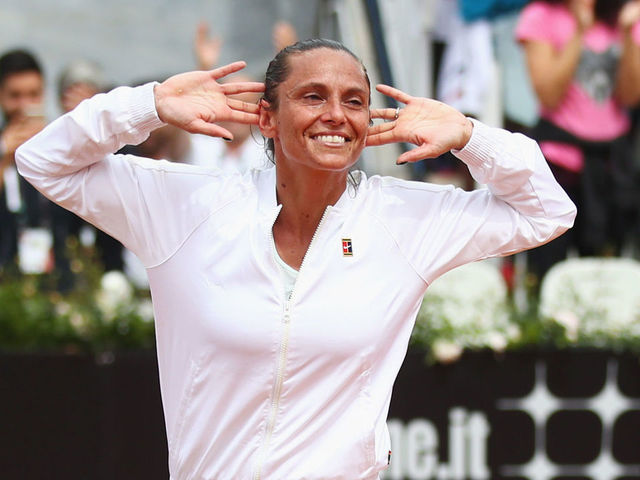ROME, ITALY - MAY 14: Roberta Vinci of Italy reacts to the crowd after the Women's singles first round match against Aleksandra Krunic of Serbia on day two of the Internazionali BNL d'Italia 2018 at Foro Italico on May 14, 2018 in Rome, Italy. This was Roberta Vinci's final match before retirement.