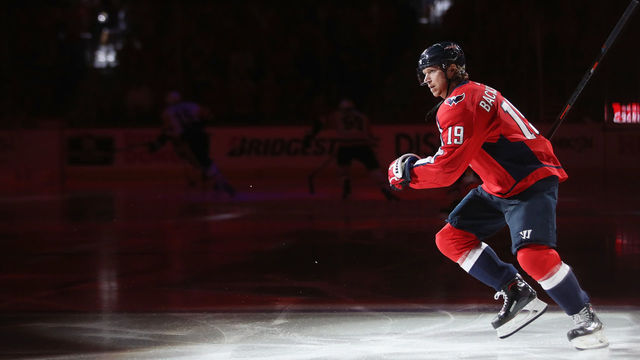 WASHINGTON, DC - APRIL 26: Nicklas Backstrom #19 of the Washington Capitals skates out to play against the Pittsburgh Penguins in Game One of the Eastern Conference Second Round during the 2018 NHL Stanley Cup Playoffs at the Capital One Arena on April 26, 2018 in Washington, DC. The Penguins defeated the Capitals 3-2.