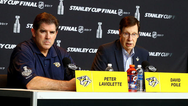 PITTSBURGH, PA - MAY 28: (L-R) Coach Peter Laviolette and General Manager David Poile of the Nashville Predators answer questions during Media Day for the 2017 NHL Stanley Cup Final at PPG PAINTS Arena on May 28, 2017 in Pittsburgh, Pennsylvania.