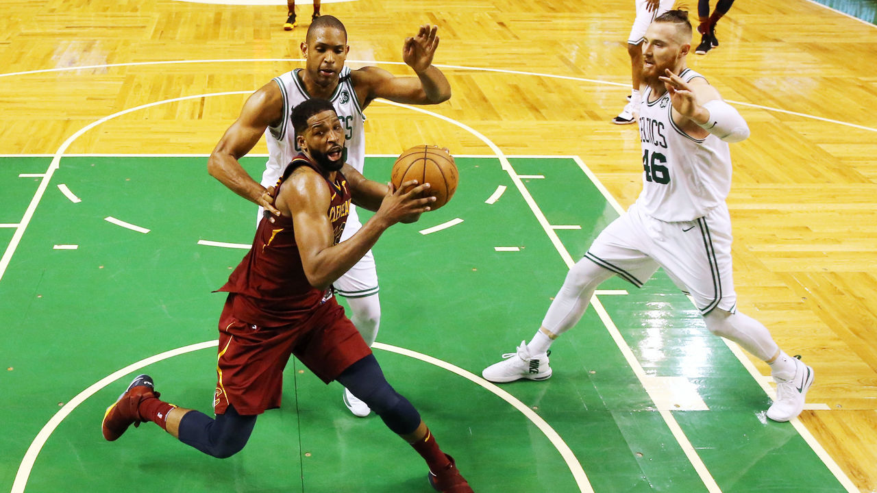 BOSTON, MA - MAY 13: Tristan Thompson #13 of the Cleveland Cavaliers drives to the basket against the Boston Celtics during the second quarter in Game One of the Eastern Conference Finals of the 2018 NBA Playoffs at TD Garden on May 13, 2018 in Boston, Massachusetts.