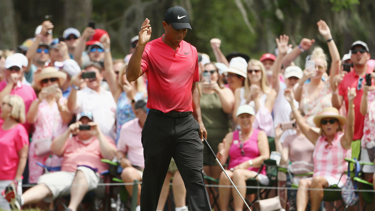 PONTE VEDRA BEACH, FL - MAY 13: Tiger Woods of the United States reacts during the final round of THE PLAYERS Championship on the Stadium Course at TPC Sawgrass on May 13, 2018 in Ponte Vedra Beach, Florida.