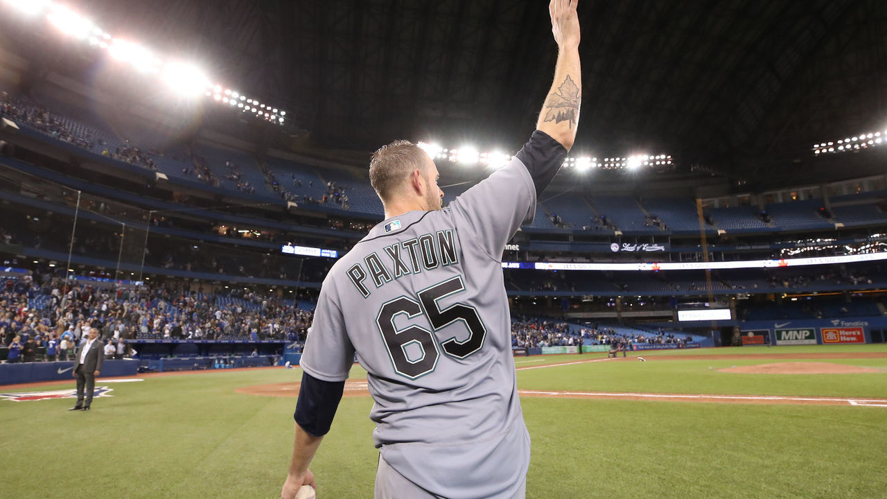 TORONTO, ON - MAY 8: James Paxton #65 of the Seattle Mariners acknowledges the crowd after throwing a no-hitter during MLB game action against the Toronto Blue Jays at Rogers Centre on May 8, 2018 in Toronto, Canada. *** Local Caption *** James Paxton
