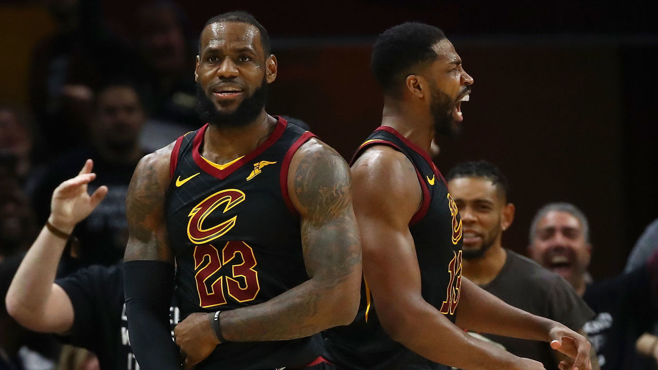 CLEVELAND, OH - APRIL 29: LeBron James #23 and Tristan Thompson #13 of the Cleveland Cavaliers react to a second half play while playing the Indiana Pacers in Game Seven of the Eastern Conference Quarterfinals during the 2018 NBA Playoffs at Quicken Loans Arena on April 29, 2018 in Cleveland, Ohio. Cleveland won the game 105-101 to win there series.