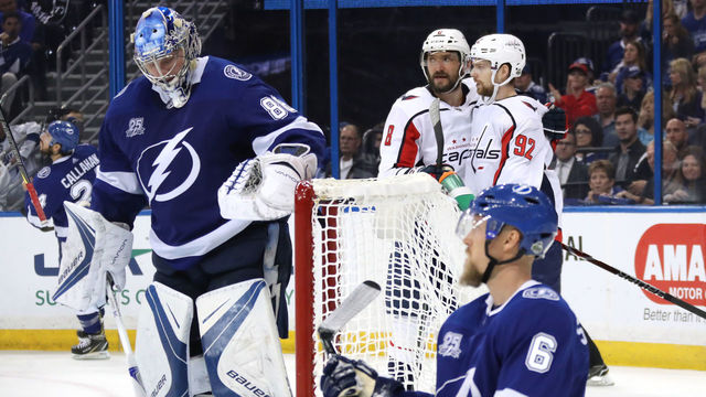 TAMPA, FL - MAY 13: Alex Ovechkin #8 of the Washington Capitals celebrates with teammate Evgeny Kuznetsov #92 after scoring a goal against Andrei Vasilevskiy #88 of the Tampa Bay Lightning during the third period in Game Two of the Eastern Conference Finals during the 2018 NHL Stanley Cup Playoffs at Amalie Arena on May 13, 2018 in Tampa, Florida.