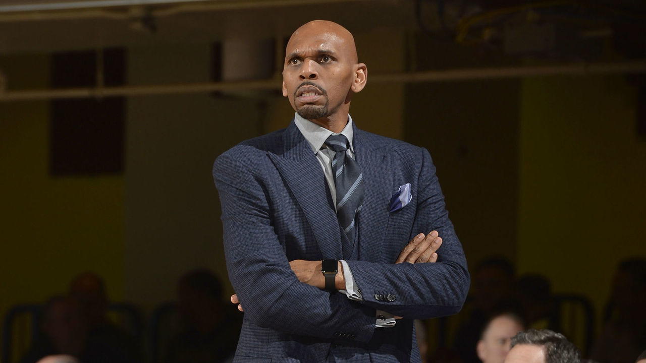 WHITE PLAINS, NY - APRIL 2: Head Coach Jerry Stackhouse of the Raptors 905 looks on against the Westchester Knicks during the Eastern Conference Semifinals of the NBA G-League Playoffs on April 2, 2018 at the Westchester County Center in White Plains, New York. NOTE TO USER: User expressly acknowledges and agrees that, by downloading and/or using this photograph, user is consenting to the terms and conditions of the Getty Images License Agreement. Mandatory Copyright Notice: Copyright 2018 NBAE