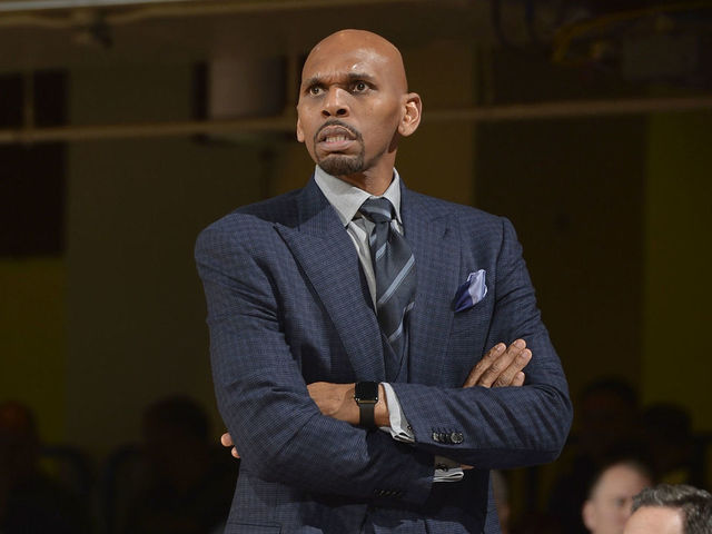WHITE PLAINS, NY - APRIL 2: Head Coach Jerry Stackhouse of the Raptors 905 looks on against the Westchester Knicks during the Eastern Conference Semifinals of the NBA G-League Playoffs on April 2, 2018 at the Westchester County Center in White Plains, New York. NOTE TO USER: User expressly acknowledges and agrees that, by downloading and/or using this photograph, user is consenting to the terms and conditions of the Getty Images License Agreement. Mandatory Copyright Notice: Copyright 2018 NBAE