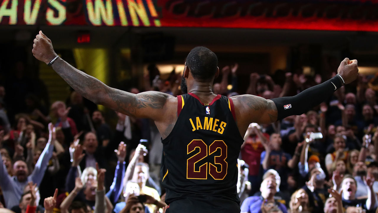 CLEVELAND, OH - MAY 05: LeBron James #23 of the Cleveland Cavaliers celebrates after hitting the game winning shot to beat the Toronto Raptors 105-103 in Game Three of the Eastern Conference Semifinals during the 2018 NBA Playoffs at Quicken Loans Arena on May 5, 2018 in Cleveland, Ohio.