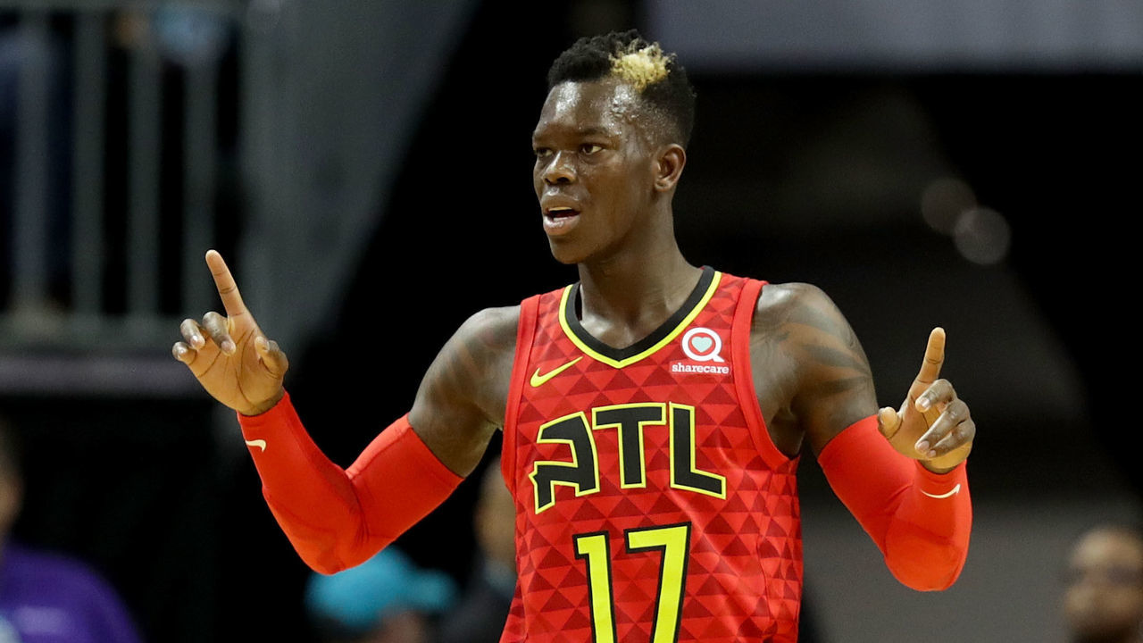CHARLOTTE, NC - JANUARY 26: Dennis Schroder #17 of the Atlanta Hawks reacts against the Charlotte Hornets during their game at Spectrum Center on January 26, 2018 in Charlotte, North Carolina.