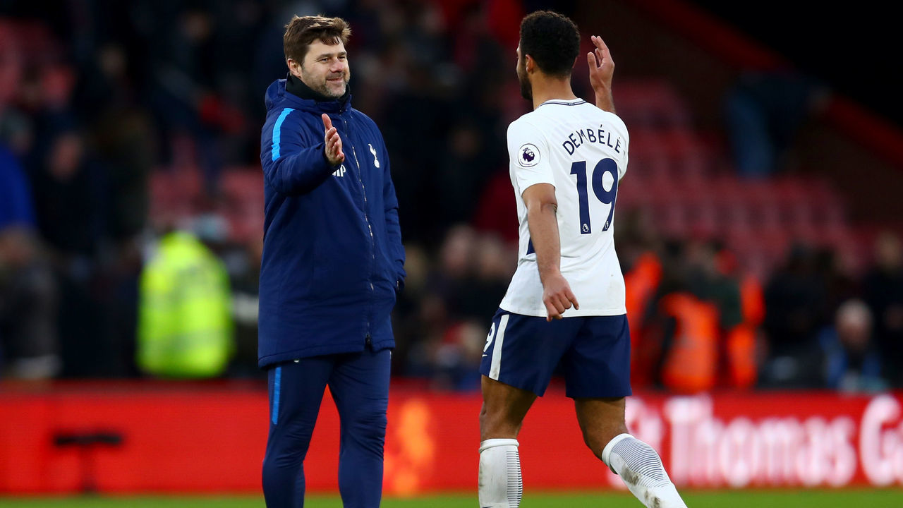 BOURNEMOUTH, ENGLAND - MARCH 11: Mauricio Pochettino, Manager of Tottenham Hotspur and Fernando Llorente of Tottenham Hotspur embrace after the Premier League match between AFC Bournemouth and Tottenham Hotspur at Vitality Stadium on March 11, 2018 in Bournemouth, England.
