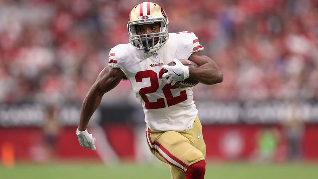 GLENDALE, AZ - OCTOBER 01: Running back Matt Breida #22 of the San Francisco 49ers runs up field during the second half of the NFL game against the Arizona Cardinals at the University of Phoenix Stadium on October 1, 2017 in Glendale, Arizona.