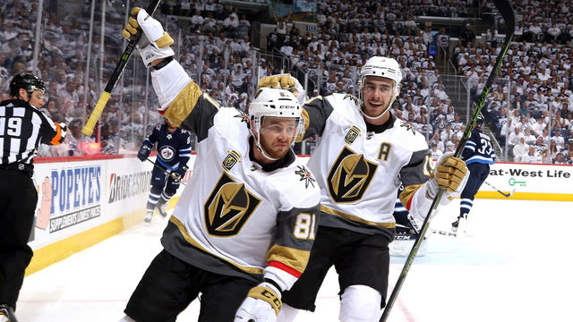 WINNIPEG, MB - MAY 14: Jonathan Marchessault #81 of the Vegas Golden Knights celebrates his first period goal against the Winnipeg Jets with teammate Reilly Smith #19 in Game Two of the Western Conference Final during the 2018 NHL Stanley Cup Playoffs at the Bell MTS Place on May 14, 2018 in Winnipeg, Manitoba, Canada.