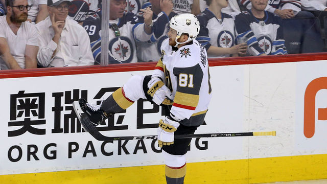 WINNIPEG, MB - MAY 14: Jonathan Marchessault #81 of the Vegas Golden Knights celebrates his third period goal against the Winnipeg Jets in Game Two of the Western Conference Finals during the 2018 NHL Stanley Cup Playoffs at Bell MTS Place on May 14, 2018 in Winnipeg, Canada.