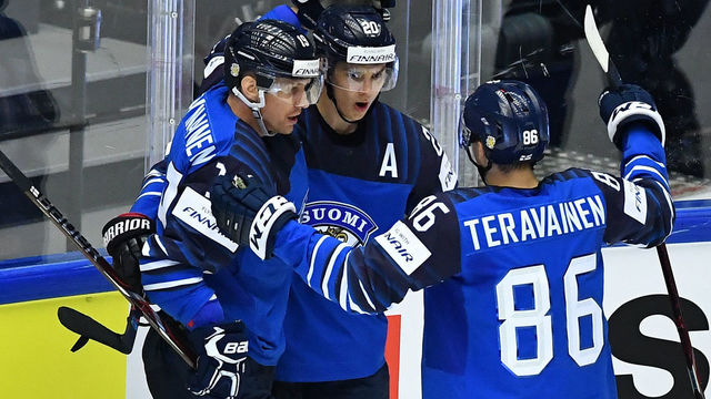 Finland's players celebrate as they scored during the group B match Finland vs the United States of the 2018 IIHF Ice Hockey World Championship at the Jyske Bank Boxen in Herning, Denmark, on May 15, 2018.