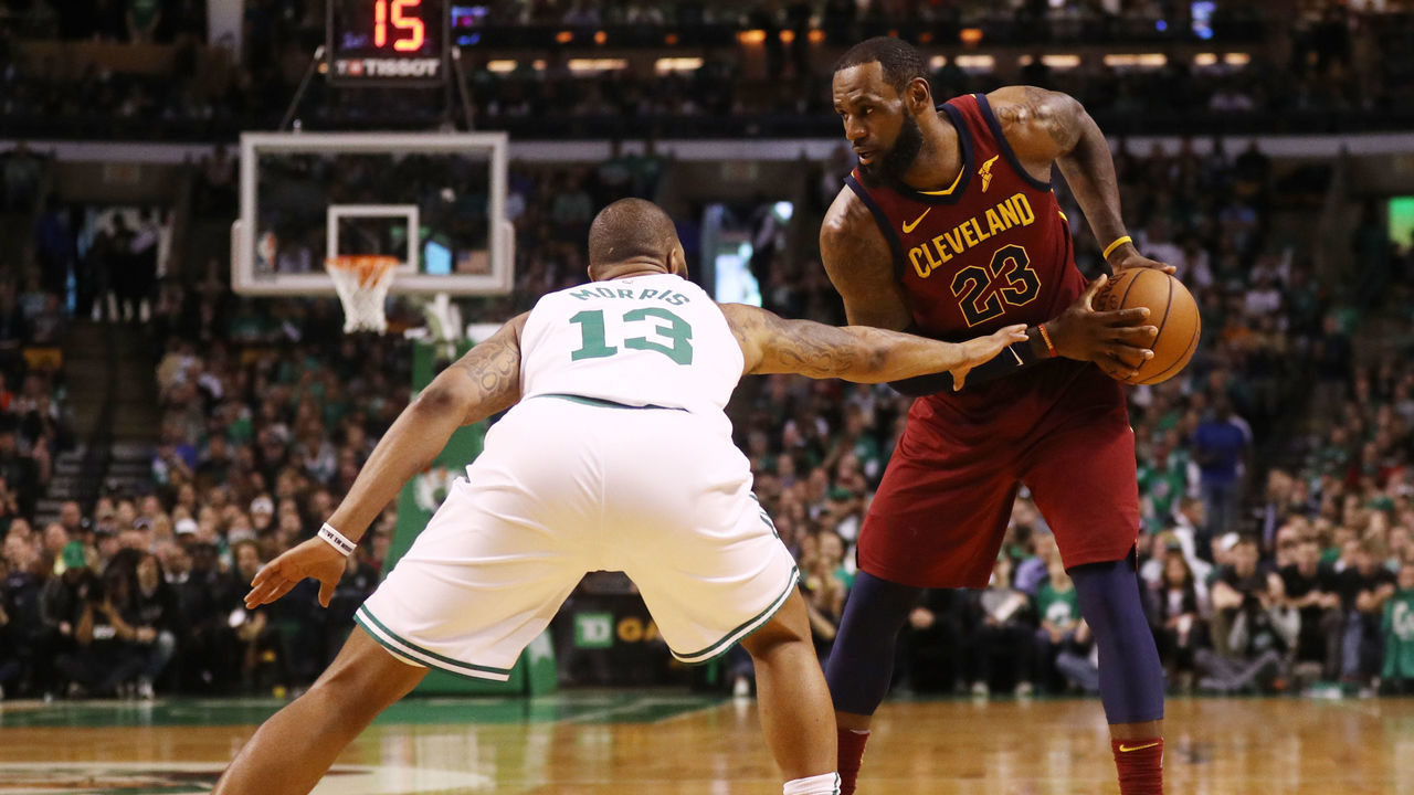 BOSTON, MA - MAY 13: LeBron James #23 of the Cleveland Cavaliers is defended by Marcus Morris #13 of the Boston Celtics during the first quarter in Game One of the Eastern Conference Finals of the 2018 NBA Playoffs at TD Garden on May 13, 2018 in Boston, Massachusetts.