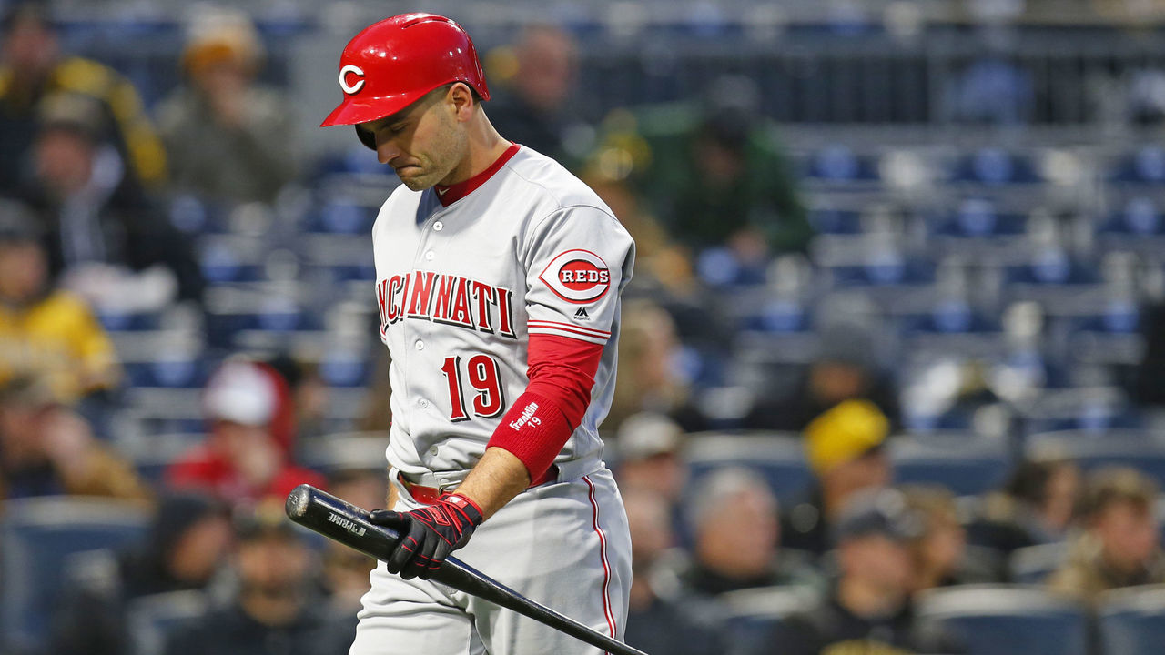 PITTSBURGH, PA - APRIL 05: Joey Votto #19 of the Cincinnati Reds walks off the field after striking out int the third inning against the Pittsburgh Pirates at PNC Park on April 5, 2018 in Pittsburgh, Pennsylvania.