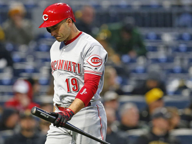 PITTSBURGH, PA - APRIL 05: Joey Votto #19 of the Cincinnati Reds walks off the field after striking out int the third inning against the Pittsburgh Pirates at PNC Park on April 5, 2018 in Pittsburgh, Pennsylvania.
