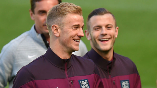 DUBLIN, IRELAND - JUNE 06: England players Joe Hart (l) and Jack Wilshere shares a joke during the pitch walk round ahead of Sunday's friendly internmational against the Republic of Ireland at Aviva Stadium on June 6, 2015 in Dublin, Ireland.