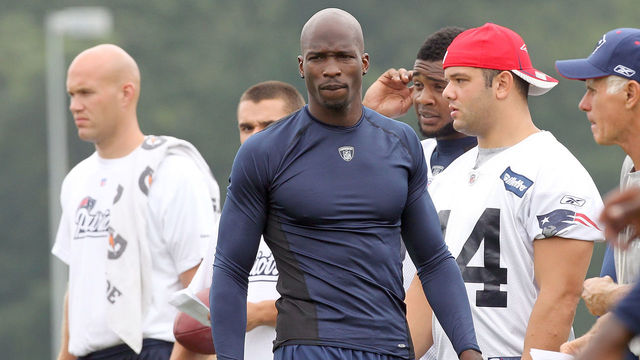 FOXBOROUGH, MA - JULY 29: Chad Ochocinco of the New England Patriots watches the action during training camp at Gillette Stadium on July 29, 2011 in Foxborough, Massachusetts.