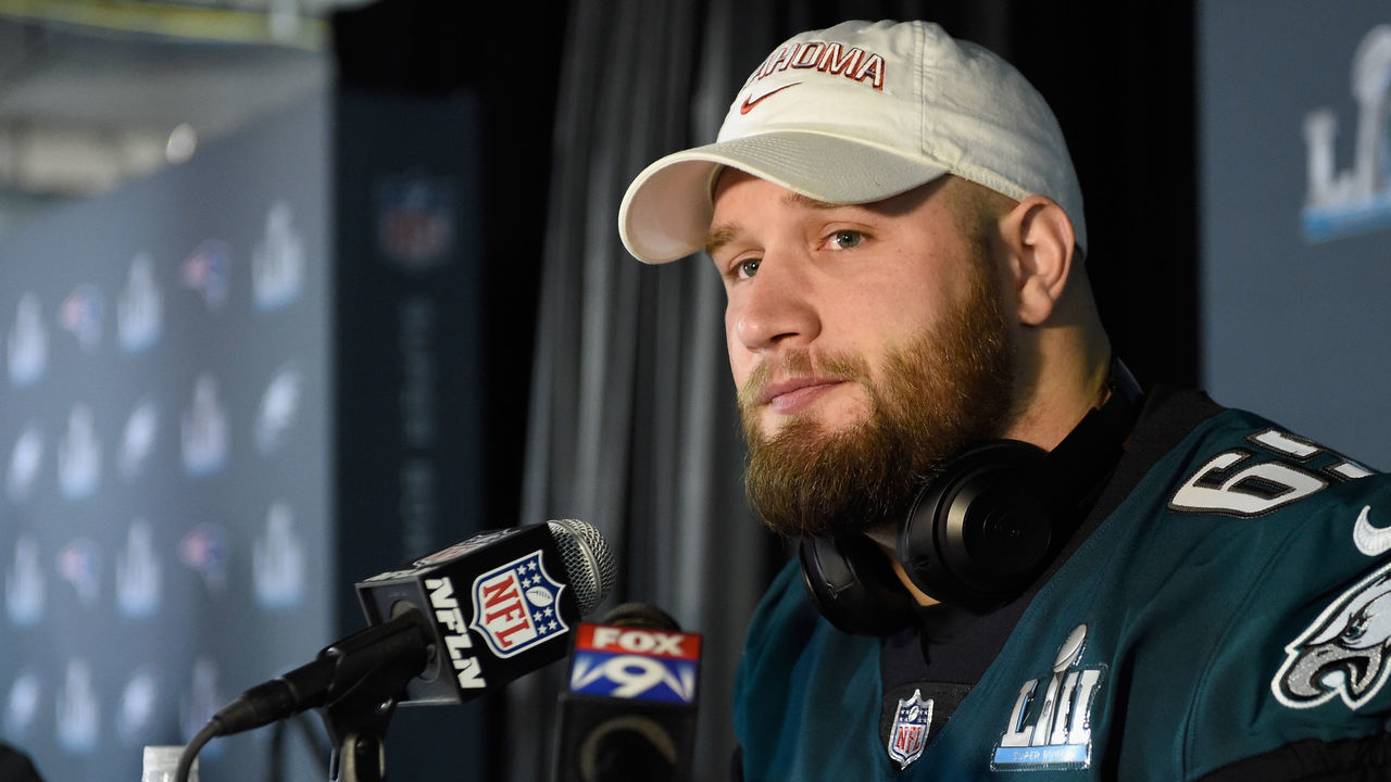 BLOOMINGTON, MN - JANUARY 31: Lane Johnson #65 of the Philadelphia Eagles speaks to the media during Super Bowl LII media availability on January 31, 2018 at Mall of America in Bloomington, Minnesota. The Philadelphia Eagles will face the New England Patriots in Super Bowl LII on February 4th.