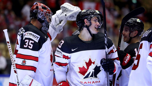 HERNING, DENMARK - MAY 15: Matt Barzal #13 of Canada celebrate with his team mates the 2018 IIHF Ice Hockey World Championship Group B game between Canada and Germany at Jyske Bank Boxen on May 15, 2018 in Herning, Denmark.