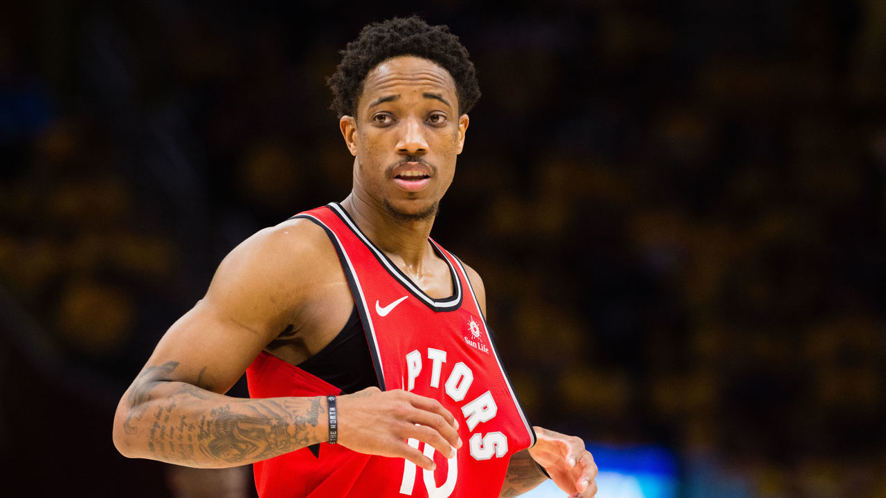CLEVELAND, OH - MAY 7: DeMar DeRozan #10 of the Toronto Raptors reacts during the second half of Game 4 of the second round of the Eastern Conference playoffs against the Cleveland Cavaliers at Quicken Loans Arena on May 7, 2018 in Cleveland, Ohio. The Cavaliers defeated the Raptors 128-93.