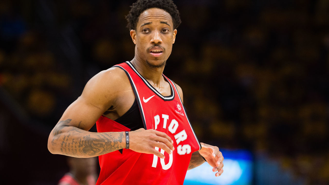 CLEVELAND, OH - MAY 7: DeMar DeRozan #10 of the Toronto Raptors reacts during the second half of Game 4 of the second round of the Eastern Conference playoffs against the Cleveland Cavaliers at Quicken Loans Arena on May 7, 2018 in Cleveland, Ohio. The Cavaliers defeated the Raptors 128-93.