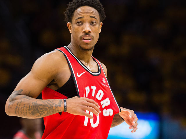 CLEVELAND, OH - MAY 7: DeMar DeRozan #10 of the Toronto Raptors reacts during the second half of Game 4 of the second round of the Eastern Conference playoffs against the Cleveland Cavaliers at Quicken Loans Arena on May 7, 2018 in Cleveland, Ohio. The Cavaliers defeated the Raptors 128-93.