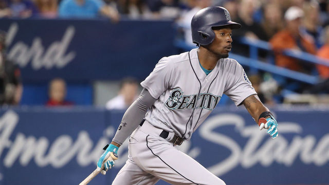 TORONTO, ON - MAY 8: Dee Gordon #9 of the Seattle Mariners hits a double in the third inning during MLB game action against the Toronto Blue Jays at Rogers Centre on May 8, 2018 in Toronto, Canada.